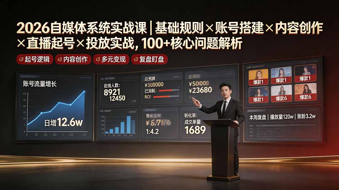 2026自媒体系统实战课｜基础规则×账号搭建×内容创作×直播起号×投放实战，100+核心问题解析-抖音新作品监控助手