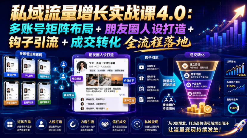 私域流量增长实战课4.0：多账号矩阵布局+朋友圈人设打造+钩子引流+成交转化全流程落地-抖音新作品监控助手