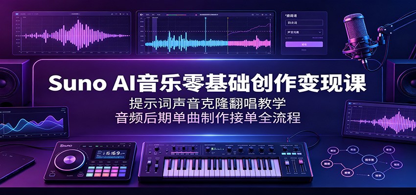 Suno AI音乐零基础创作变现课：提示词声音克隆翻唱教学，音频后期单曲制作接单全流程-抖音新作品监控助手