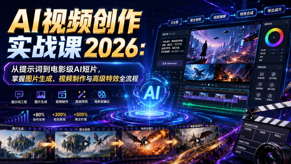 AI视频创作实战课2026：从提示词到电影级AI短片，掌握图片生成、视频制作与高级特效全流程-抖音新作品监控助手
