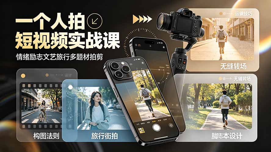 一个人拍短视频实战课：情绪励志文艺旅行多题材×五大景别×黄金构图×八大运镜，从拍摄到成片高效创作-抖音新作品监控助手