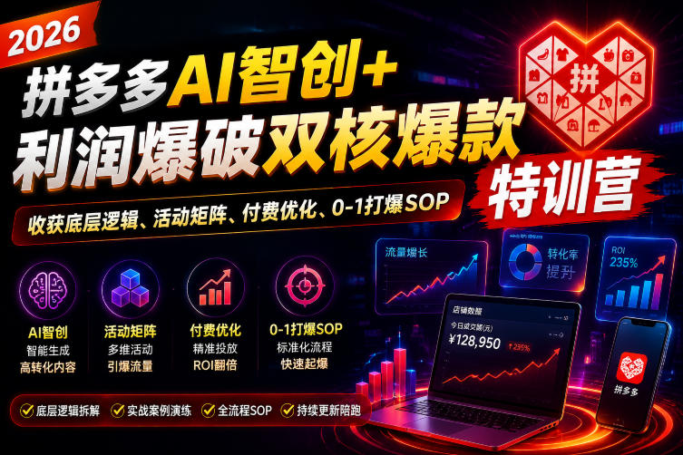 2026拼多多AI智创+利润爆破双核爆款特训营，收获底层逻辑、活动矩阵、付费优化、0-1打爆SOP-抖音新作品监控助手