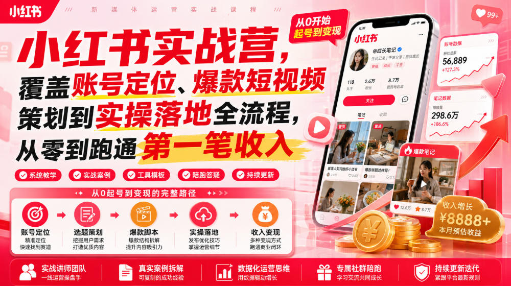 小红书实战营，覆盖账号定位、爆款短视频策划到实操落地全流程，从零到跑通第一笔收入-抖音新作品监控助手
