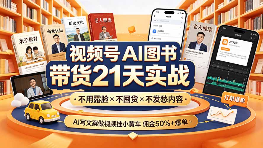 视频号AI图书带货21天实战：不用露脸×不囤货×不发愁内容，AI写文案做视频挂小黄车，佣金50%+爆单-抖音新作品监控助手