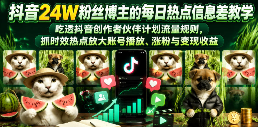 抖音24W粉丝博主的每日热点信息差教学,吃透创作者伙伴计划流量规则,抓时效热点放大账号播放、涨粉与变现收益(更新)-抖音新作品监控助手