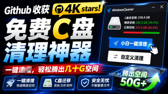 Github收获4K stars！免费C盘清理神器，轻松腾出几十G空间，支持C盘迁移Windows Cleaner-抖音新作品监控助手