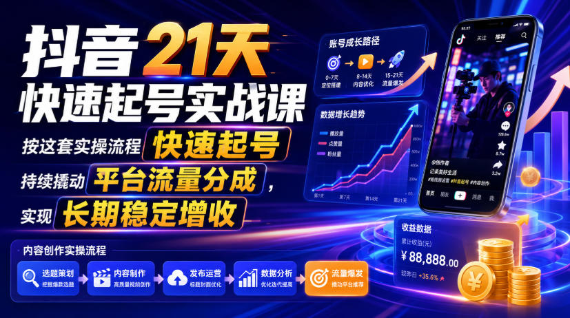 抖音21天快速起号实战课，按这套实操流程快速起号，持续撬动平台流量分成，实现长期稳定增收-抖音新作品监控助手