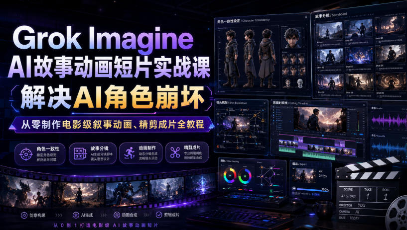 Grok Imagine AI故事动画短片实战课｜解决AI角色崩坏，从零制作电影级叙事动画、精剪成片全教程(中英字幕)-抖音新作品监控助手