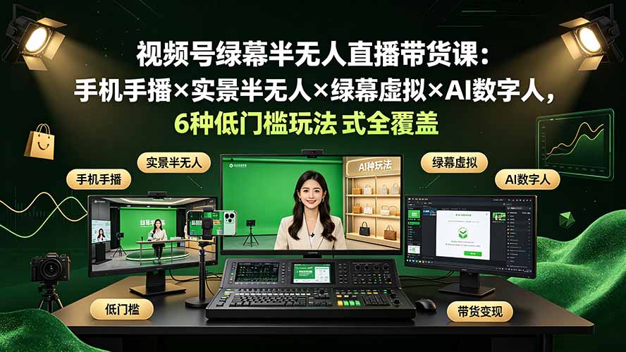 视频号绿幕半无人直播带货课：手机手播×实景半无人×绿幕虚拟×AI数字人，6种低门槛玩法全覆盖-抖音新作品监控助手