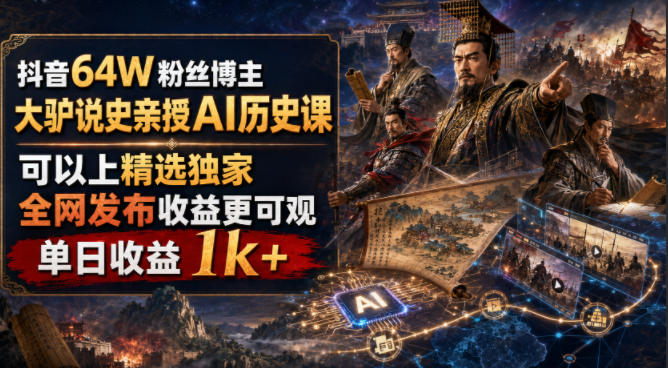 抖音64W粉丝博主大驴说史亲授AI历史课，可以上精选独家，全网发布收益更可观，单日收益1k+-抖音新作品监控助手