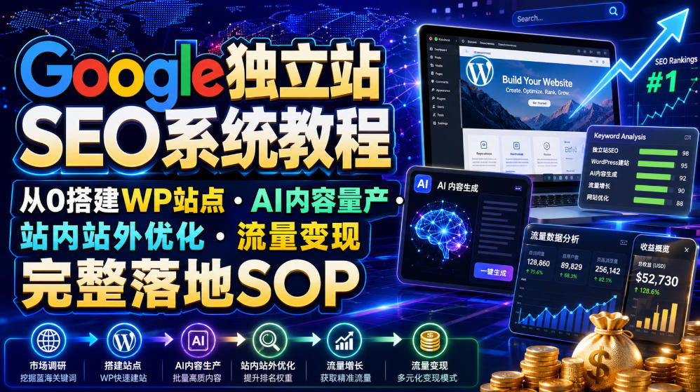 Google独立站SEO系统教程，从0搭建WP站点・AI内容量产・站内站外优化・流量变现完整落地SOP(2026年7月)-抖音新作品监控助手