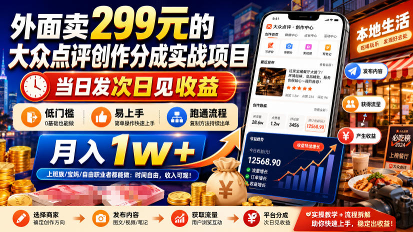 外面卖299元的大众点评创作分成实战项目，当日发次日见收益，低门槛易上手，跑通流程月入1w+-抖音新作品监控助手