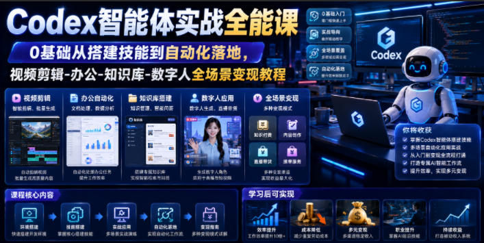 Codex智能体实战全能课｜0基础从搭建技能到自动化落地，视频剪辑-办公-知识库-数字人全场景变现教程-抖音新作品监控助手