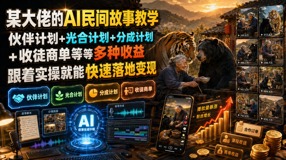 某大佬的AI民间故事教学，伙伴计划+光合计划+分成计划+收徒商单等多种收益，跟着实操就能快速落地变现-抖音新作品监控助手