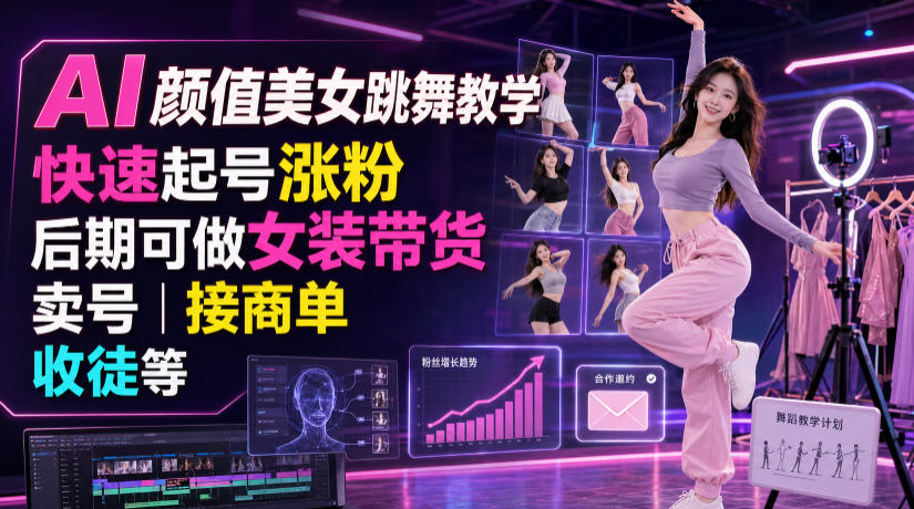 AI颜值美女跳舞教学，快速起号涨粉，后期可做女装带货，卖号，接商单，收徒等-抖音新作品监控助手