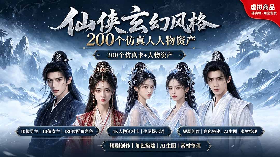 200个仙侠玄幻仿真人素材◆10男主×10女主×180配角，4K资料卡+AI生图提示词，漫剧必备-抖音新作品监控助手