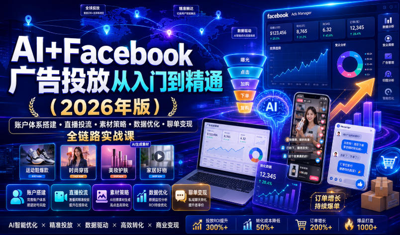 AI+Facebook广告投放从入门到精通(2026年版)｜账户体系搭建・直播投流・素材策略・数据优化・聊单变现全链路实战课-抖音新作品监控助手