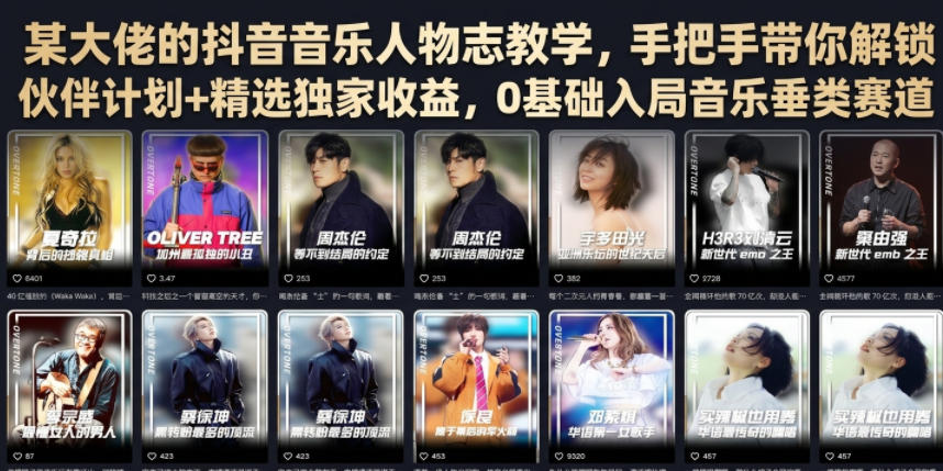 某大佬的抖音音乐人物志教学，手把手带你解锁伙伴计划+精选独家收益，0基础入局音乐垂类赛道-抖音新作品监控助手