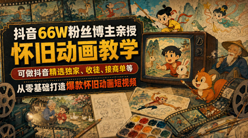 抖音66W粉丝博主亲授怀旧动画教学，可做抖音精选独家、收徒、接商单等，从零基础打造爆款怀旧动画短视频-抖音新作品监控助手