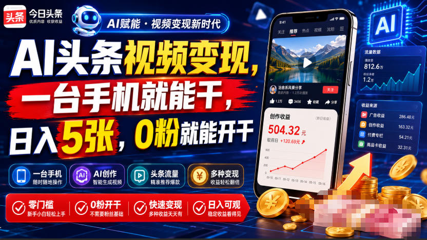 AI头条视频变现，一台手机就能干，日入5张，0粉就能开干-抖音新作品监控助手