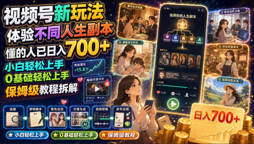 视频号新玩法体验不同人生副本，懂的人已日入700+，小白轻松上手，0基础轻松上手，保姆级教程拆解-抖音新作品监控助手