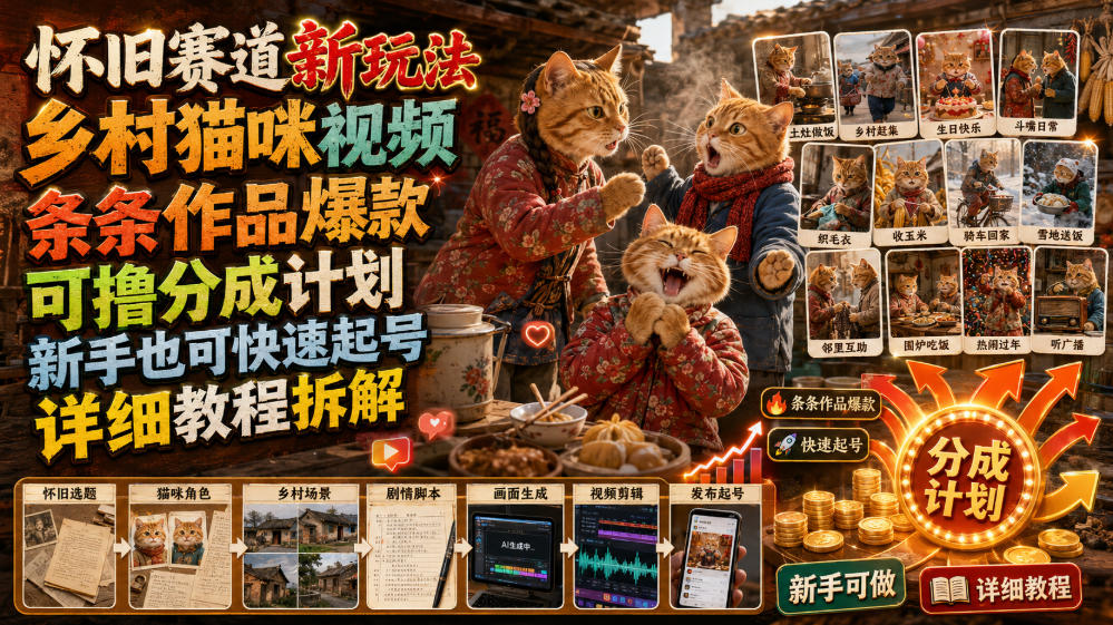 怀旧赛道新玩法，乡村猫咪视频，条条作品爆款，可撸分成计划，新手也可快速起号，详细教程拆解-抖音新作品监控助手
