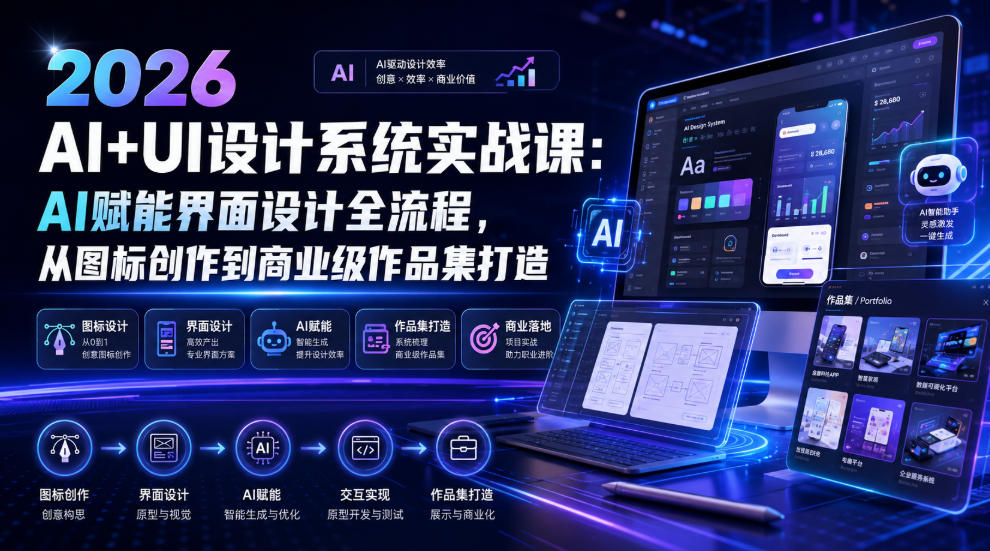 2026 AI+UI设计系统实战课：AI赋能界面设计全流程，从图标创作到商业级作品集打造-抖音新作品监控助手