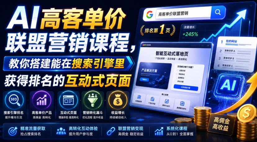 AI高客单价联盟营销课程，教你搭建能在搜索引擎里获得排名的互动式页面，引来流量，把访客转化为高佣金的成交【原创双语字幕】-抖音新作品监控助手