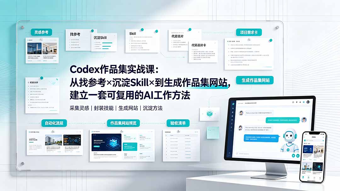Codex作品集实战课：从找参考×沉淀Skill×到生成作品集网站，建立一套可复用的AI工作方法-抖音新作品监控助手