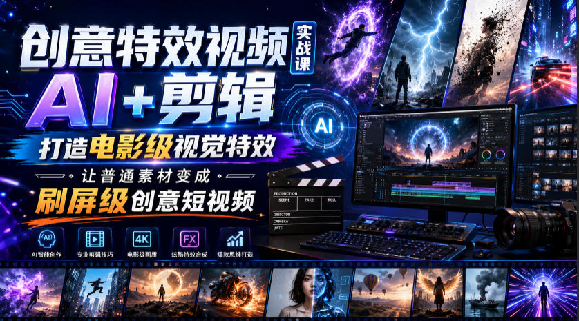 创意特效视频实战课，AI+剪辑打造电影级视觉特效，让普通素材变成刷屏级创意短视频-抖音新作品监控助手