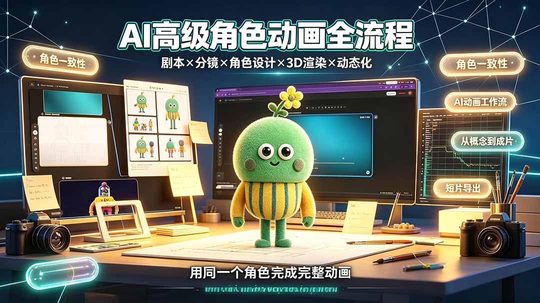 AI高级角色动画全流程：剧本×分镜×角色设计×3D渲染×动态化，从概念到成片一站式教学-抖音新作品监控助手
