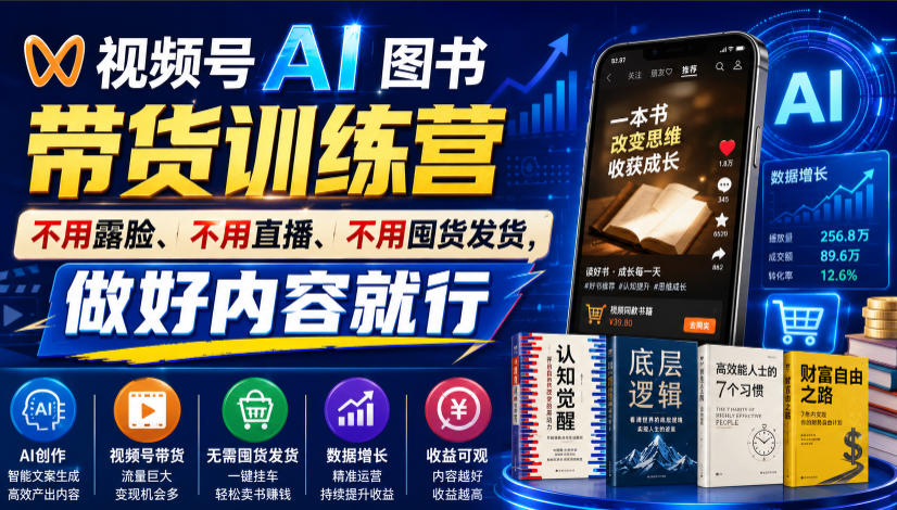 视频号AI图书带货训练营，不用露脸、不用直播、不用囤货发货，做好内容就行，一条爆款视频佣金8942-抖音新作品监控助手