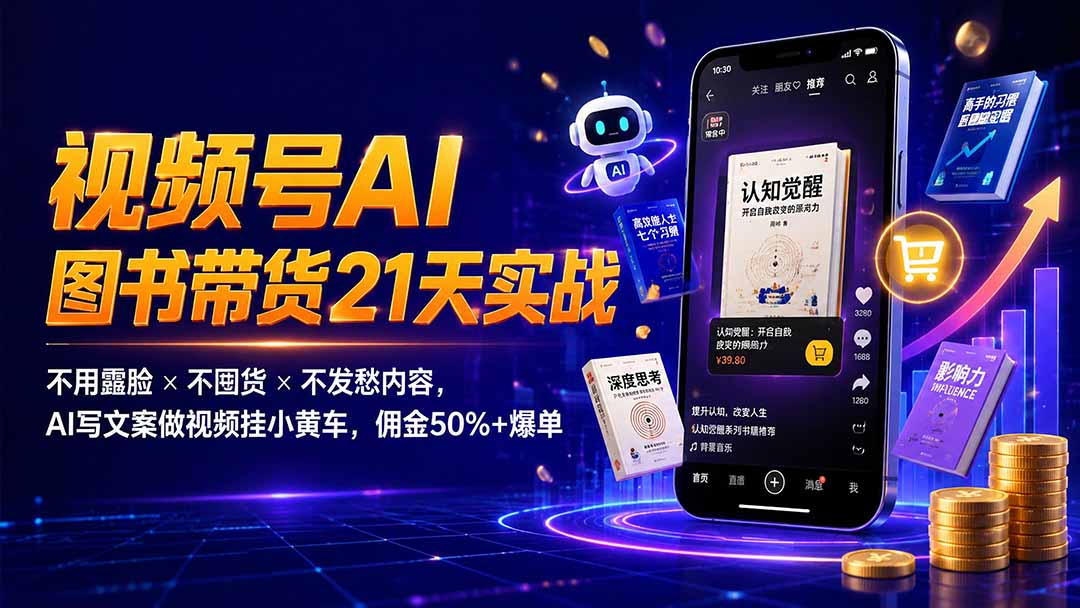 繁花视频号AI图书带货21天实战：不用露脸×不囤货×不发愁内容，AI写文案做视频挂小黄车，佣金50%+爆单-抖音新作品监控助手