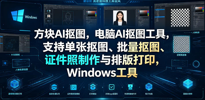 方块AI抠图，电脑AI抠图工具，支持单张抠图、批量抠图、证件照制作与排版打印，Windows工具-抖音新作品监控助手