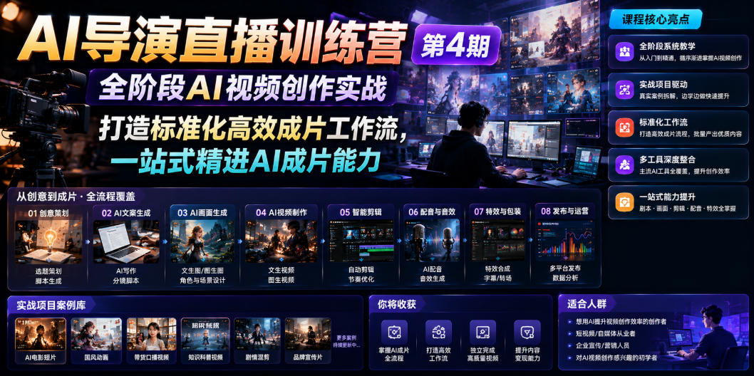 AI导演直播训练营第4期|全阶段AI视频创作实战,打造标准化高效成片工作流,一站式精进AI成片能力-抖音新作品监控助手