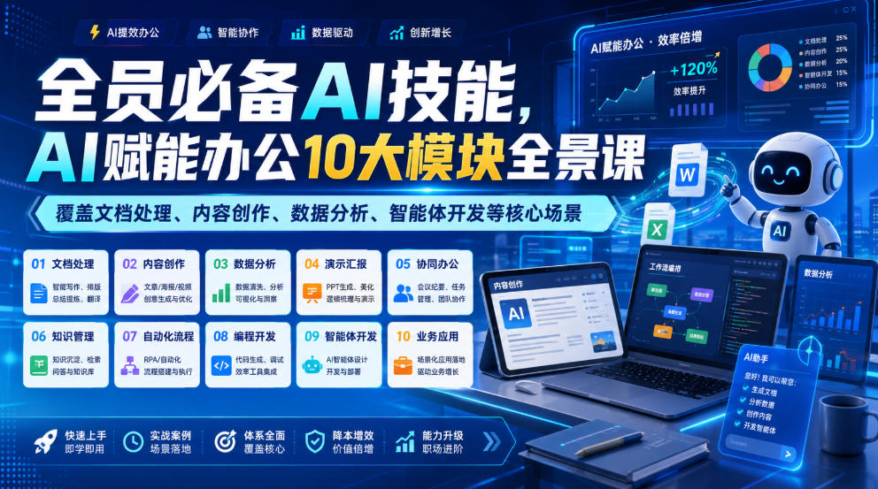 全员必备AI技能，AI赋能办公10大模块全景课，覆盖文档处理、内容创作、数据分析、智能体开发等核心场景-抖音新作品监控助手