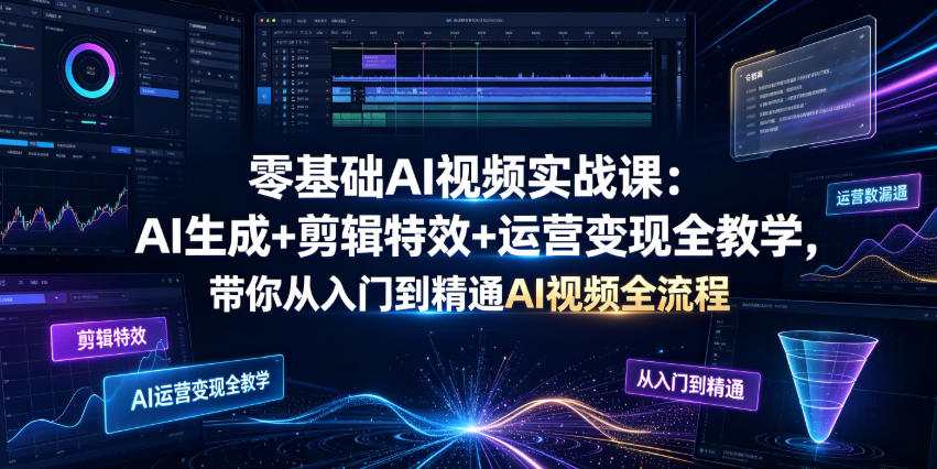 零基础AI视频实战课：AI生成+剪辑特效+运营变现全教学，带你从入门到精通AI视频全流程-抖音新作品监控助手