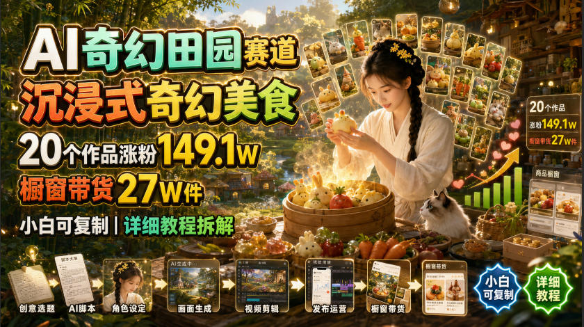 AI奇幻田园赛道，沉浸式奇幻美食，20个作品涨粉149.1W，橱窗带货27W件，小白可复制，详细教程拆解-抖音新作品监控助手