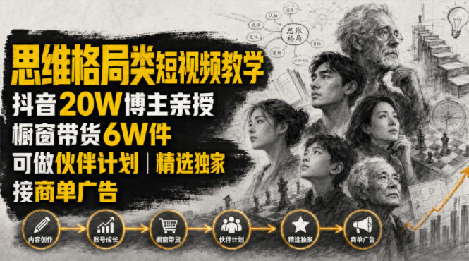 人性思维格局类短视频教学，抖音20W博主亲授，橱窗带货6W件，可做伙伴计划、精选独家、接商单广告-抖音新作品监控助手