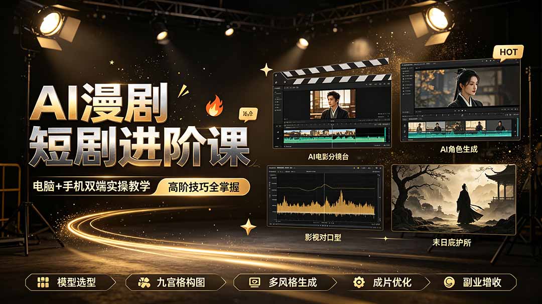 AI漫剧短剧进阶课｜电脑+手机双端实操教学｜影视剧对口型人物吃瓜×解压末日庇护所全程讲解，高阶技巧全掌握-抖音新作品监控助手