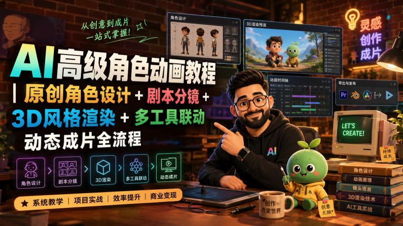 AI高级角色动画教程｜原创角色设计+剧本分镜+3D风格渲染+多工具联动动态成片全流程【中英字幕】-抖音新作品监控助手