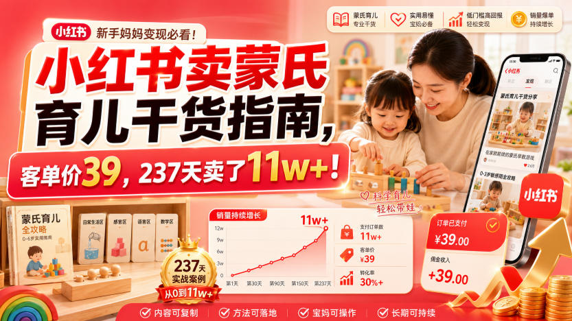 小红书卖蒙氏育儿干货指南，客单价39，237天卖了11w+！-抖音新作品监控助手