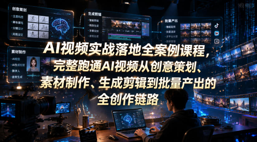 AI视频实战落地全案例课程，完整跑通AI视频从创意策划、素材制作、生成剪辑到批量产出的全创作链路-抖音新作品监控助手