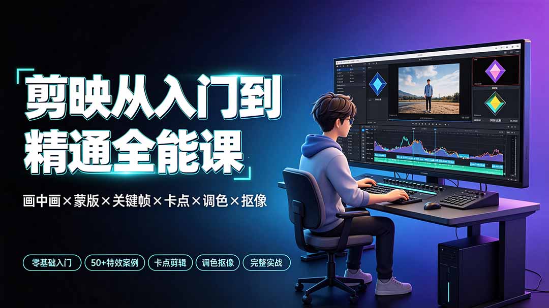 剪映从入门到精通全能课：画中画×蒙版×关键帧×卡点×调色×抠像，一站式掌握剪辑核心技能-抖音新作品监控助手