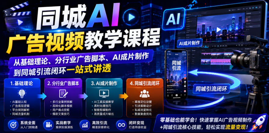 同城AI广告视频教学课程，从基础理论、分行业广告脚本、AI成片制作到同城引流闭环一站式讲透-抖音新作品监控助手