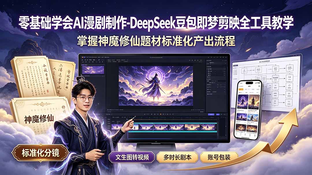 零基础学会AI漫剧制作-DeepSeek豆包即梦剪映全工具教学，掌握神魔修仙题材标准化产出流程-抖音新作品监控助手