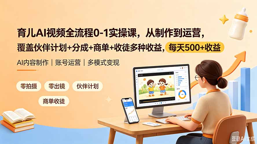 育儿AI视频全流程0-1实操课，从制作到运营，覆盖伙伴计划+分成+商单+收徒多种收益，每天500+收益-抖音新作品监控助手