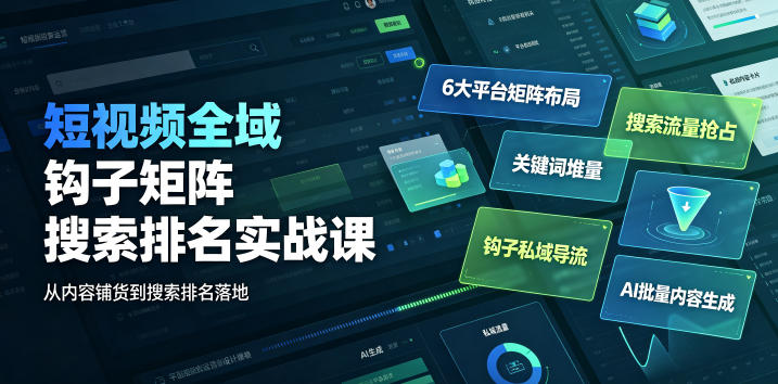 短视频全域钩子矩阵搜索排名实战课｜6大平台矩阵布局、关键词堆量抢占搜索流量、钩子私域导流、AI批量内容生成-抖音新作品监控助手