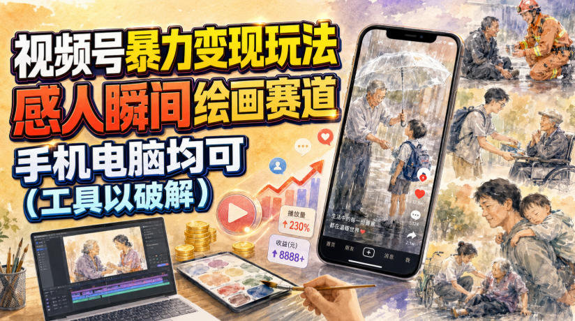 视频号暴力变现玩法，感人瞬间绘画赛道，手机电脑均可-抖音新作品监控助手