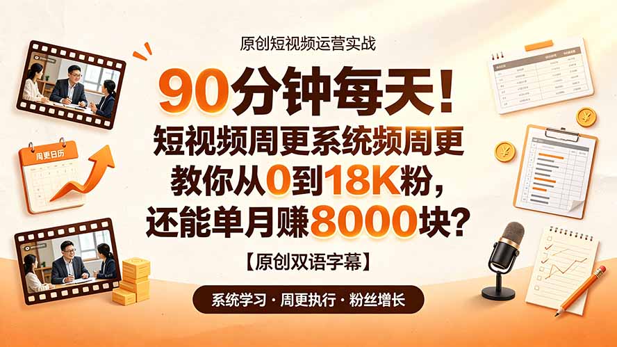 90 分钟每天！短视频周更系统教你从 0 到 18K 粉，还能单月赚 8000 块？【原创双语字幕】-抖音新作品监控助手